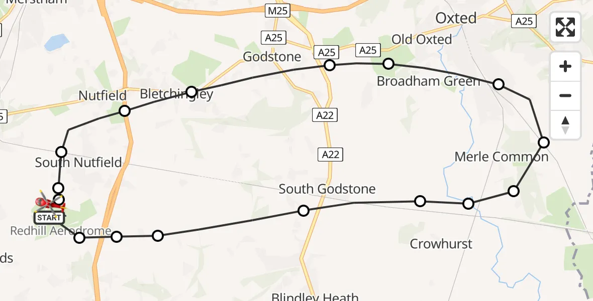 Flight path map showing Air Ambulance Helicopter route from Redhill Aerodrome to Redhill Aerodrome