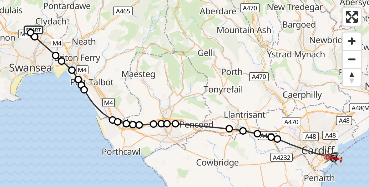 Flight path map showing Air Ambulance Helicopter route from Morriston Hospital Helipad to Cardiff Heliport