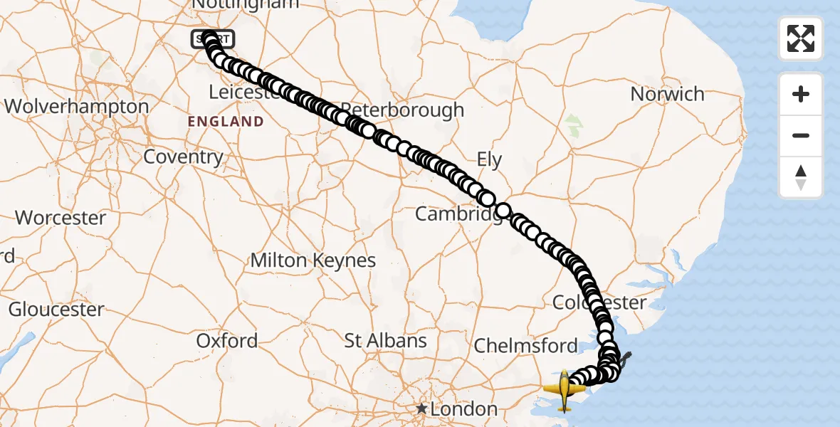 Flight path map showing Police Aircraft route from East Midlands Airport to London Southend Airport