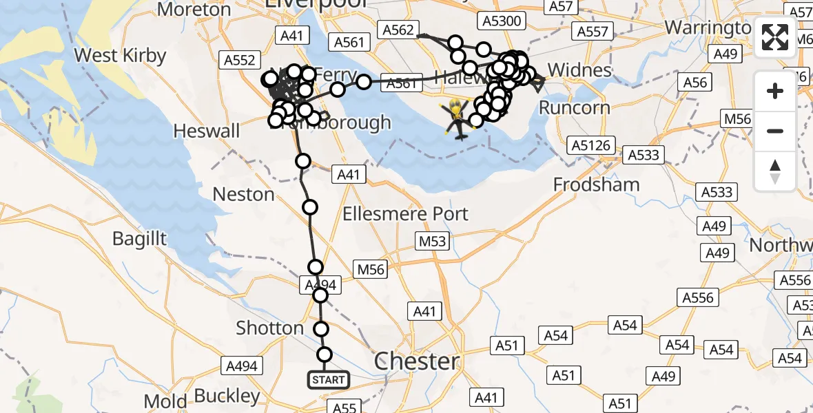 Flight path map showing Police Helicopter route from Hawarden Airport to Liverpool John Lennon Airport