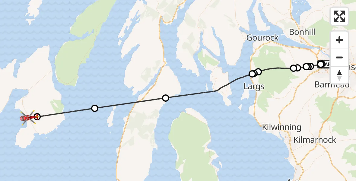 Flight path map showing Air Ambulance Helicopter route from Glasgow Airport to Glenegedale