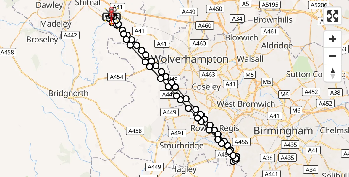 Flight path map showing Air Ambulance Helicopter route from RAF Cosford to Cosford