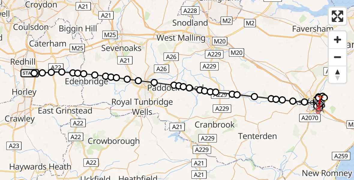 Flight path map showing Air Ambulance Helicopter route from Redhill Aerodrome to Sevington