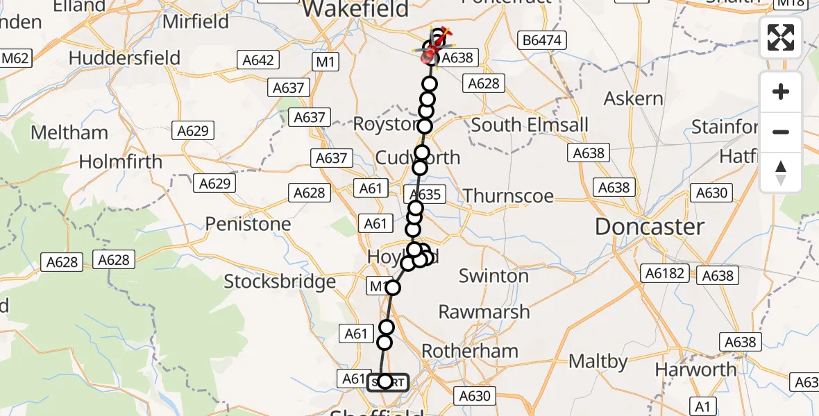 Flight path map showing Air Ambulance Helicopter route from Sheffield Northern Hospital to YAA Nostell Helicopter Port