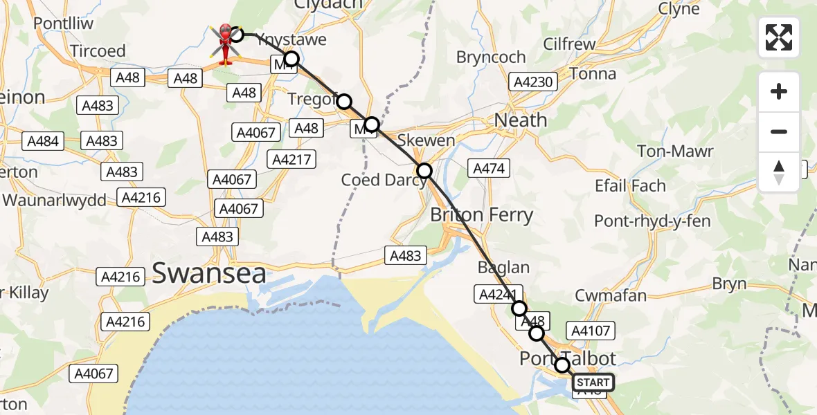 Routekaart van de vlucht: Air Ambulance Helicopter to Morriston Hospital Helipad