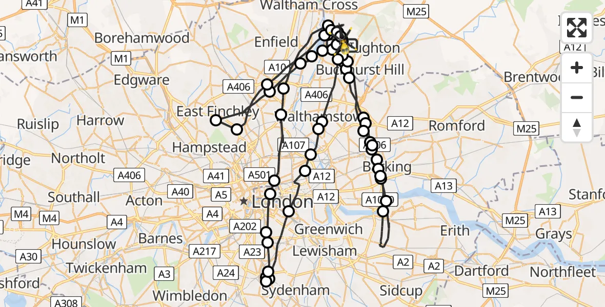 Flight path map showing Police Helicopter route from Metropolitan Police Air Support Unit Lippitts Hill to Metropolitan Police Air Support Unit Lippitts Hill