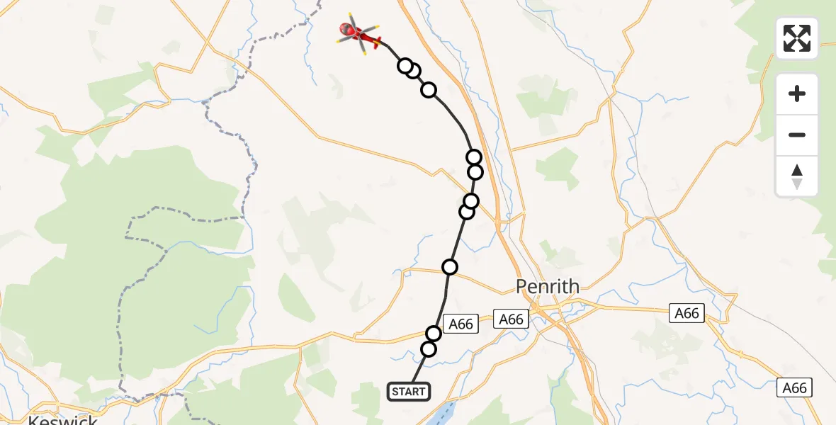 Flight path map showing Air Ambulance Helicopter route from Matterdale to Ivegill