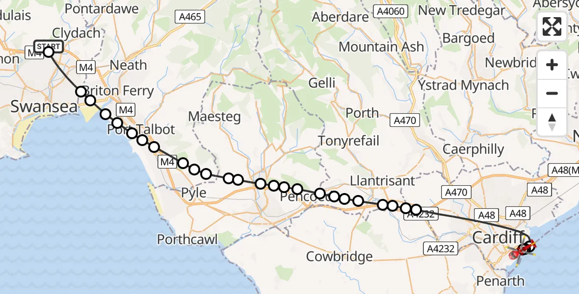 Flight path map showing Air Ambulance Helicopter route from Morriston Hospital Helipad to Cardiff Heliport
