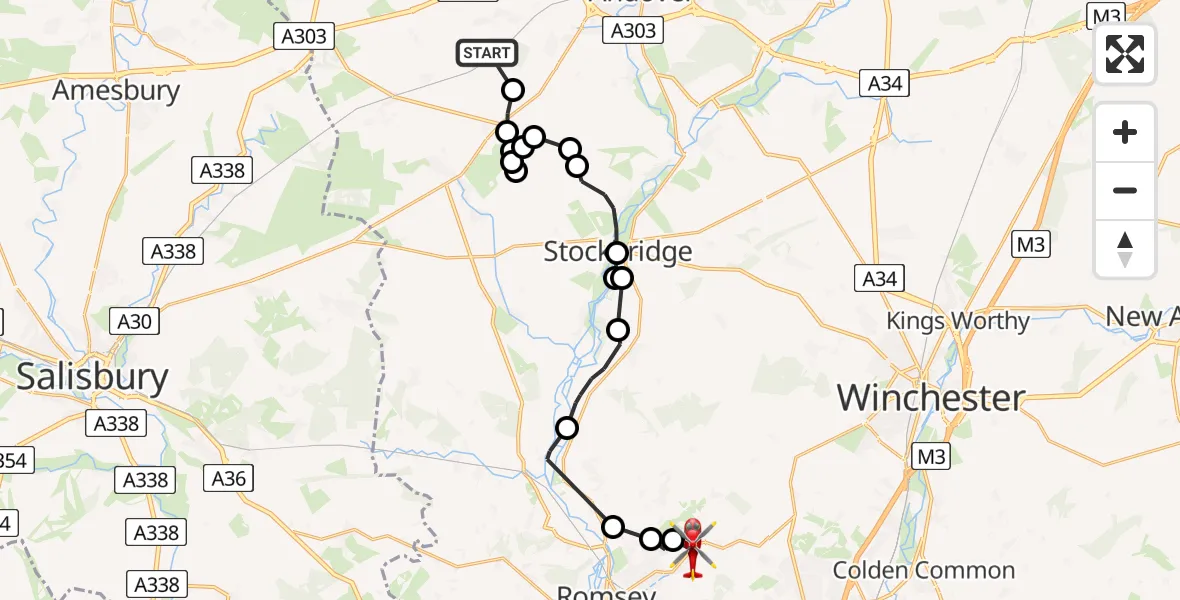Flight path map showing Air Ambulance Helicopter route from Monxton to Ampfield