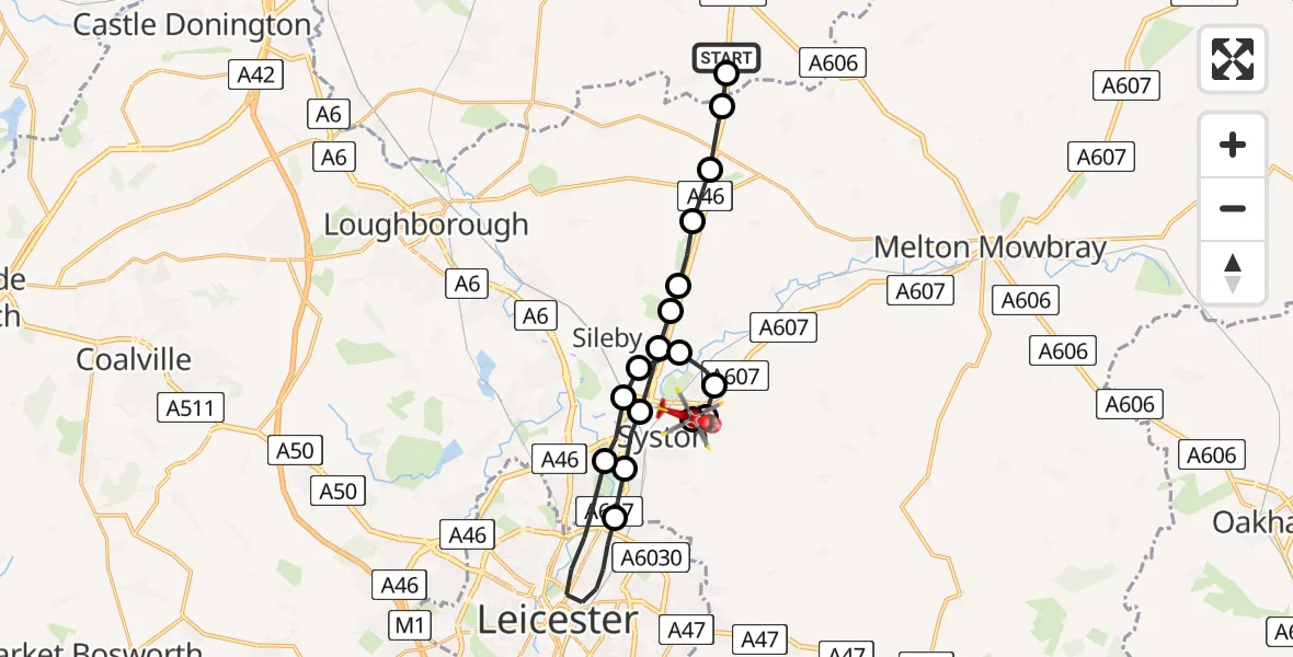 Flight path map showing Air Ambulance Helicopter route from Willoughby on the Wolds to East Goscote