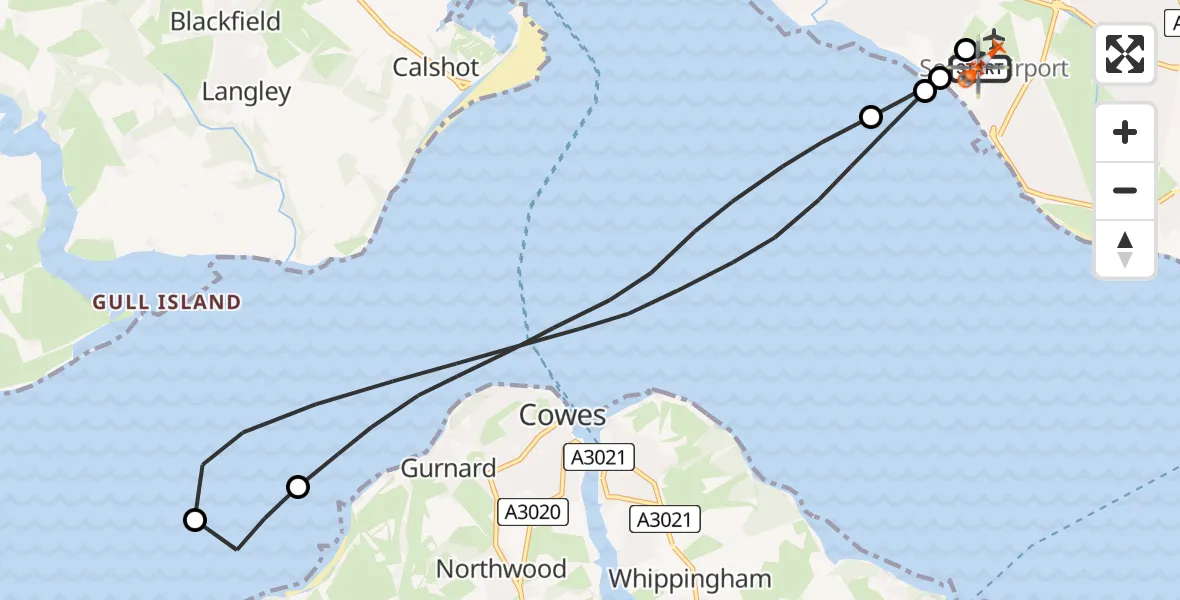 Flight path map showing Coastguard Helicopter route from Solent Airport to Solent Airport
