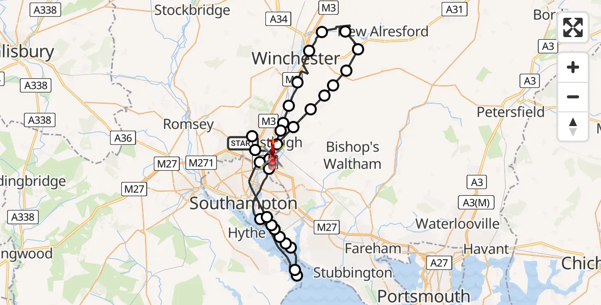 Flight path map showing Air Ambulance Helicopter route from Chilworth to Southampton Airport