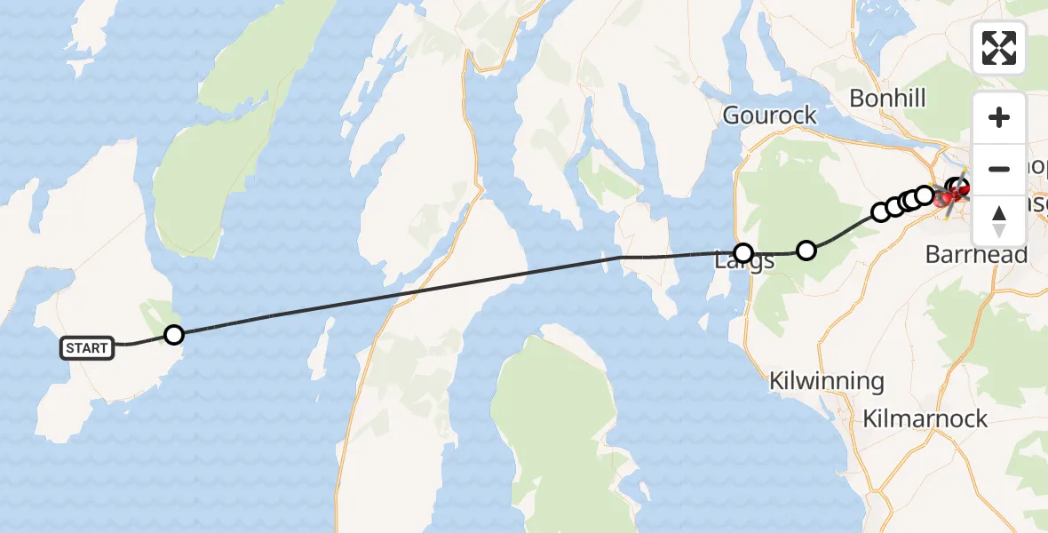 Flight path map showing Air Ambulance Helicopter route from Glenegedale to Glasgow Airport