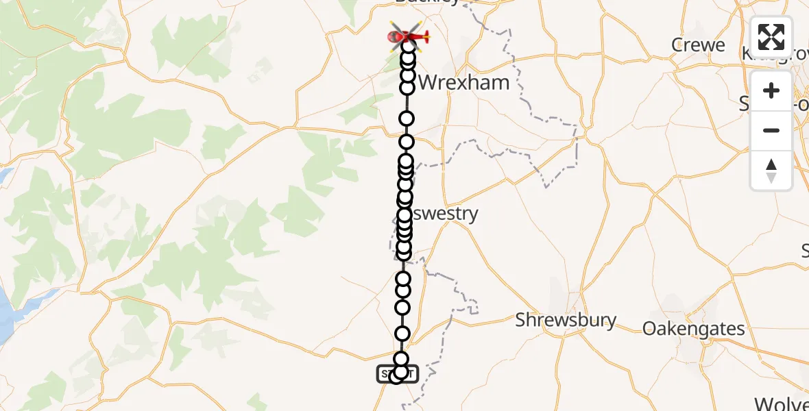 Flight path map showing Air Ambulance Helicopter route from Welshpool Airport to Treuddyn