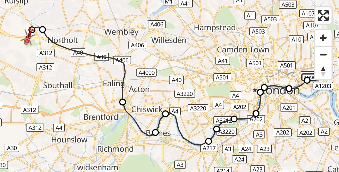 Flight path map showing Air Ambulance Helicopter route from Royal London Hospital to RAF Northolt