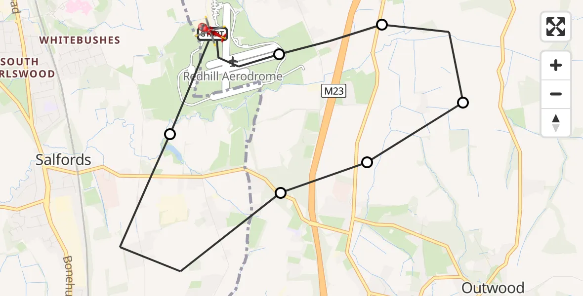 Flight path map showing Air Ambulance Helicopter route from Redhill Aerodrome to Redhill Aerodrome