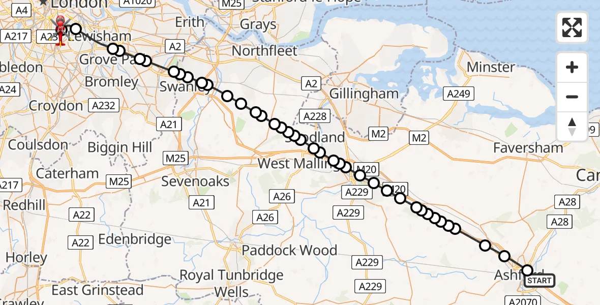 Flight path map showing Air Ambulance Helicopter route from Sevington to Kings College London Hospital