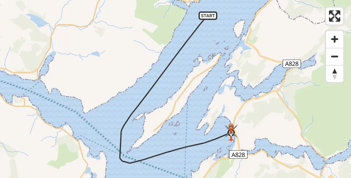 Flight path map showing Coastguard Helicopter route from Inner Seas to Benderloch