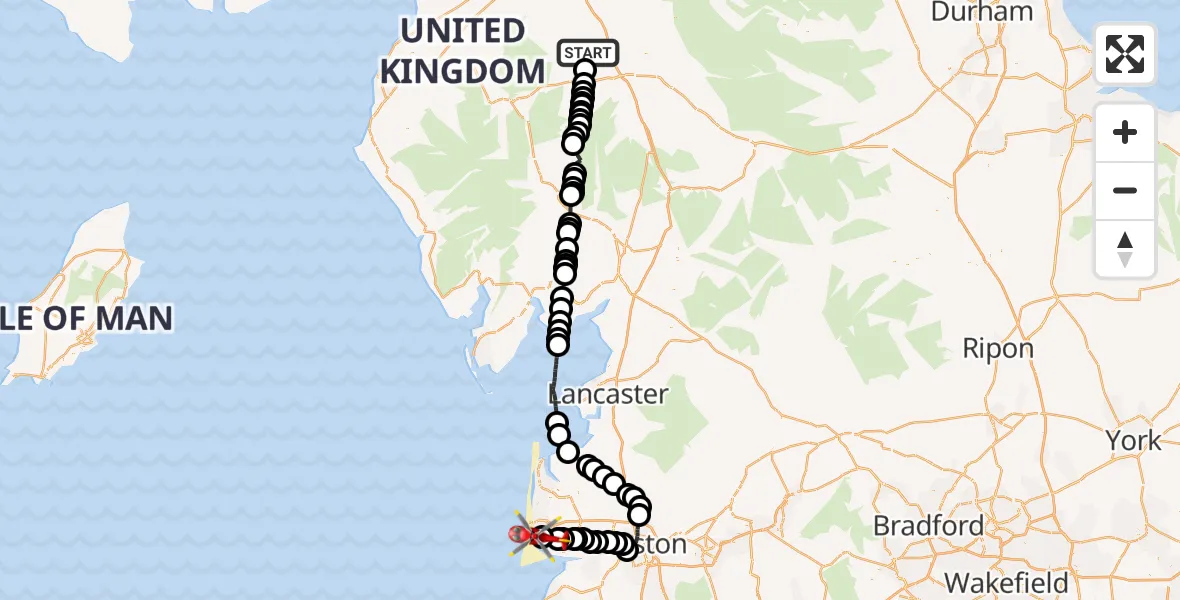 Flight path map showing Air Ambulance Helicopter route from Johnby to Blackpool Airport