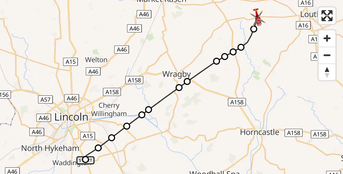 Flight path map showing Air Ambulance Helicopter route from RAF Waddington to East Lindsey