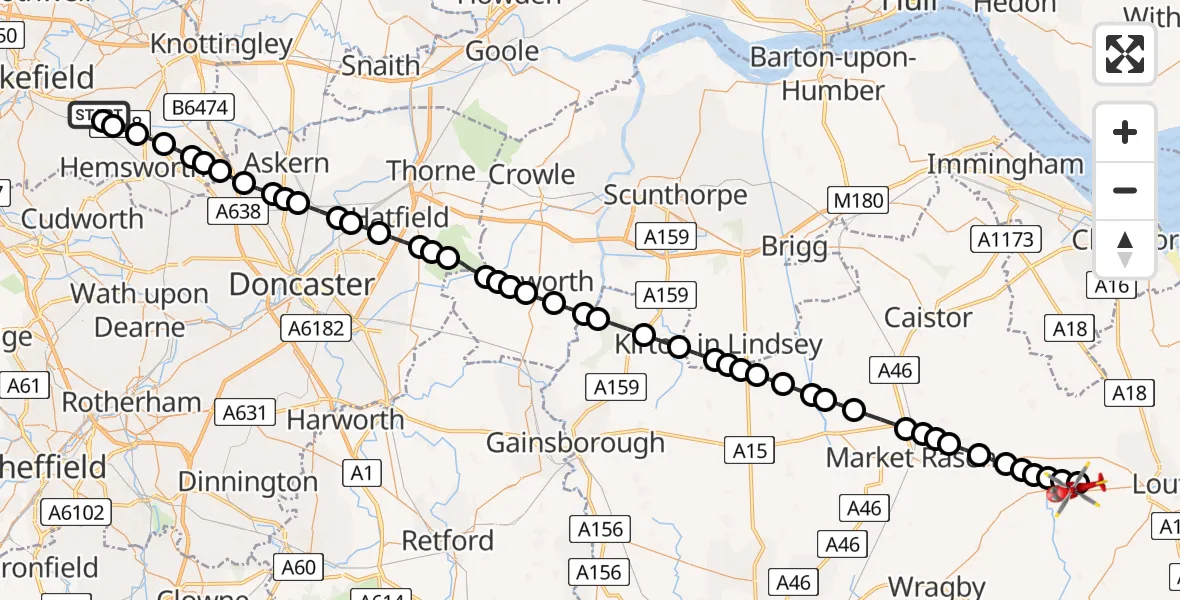 Flight path map showing Air Ambulance Helicopter route from YAA Nostell Helicopter Port to East Lindsey