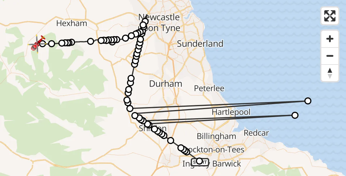 Flight path map showing Air Ambulance Helicopter route from Egglescliffe to Allendale