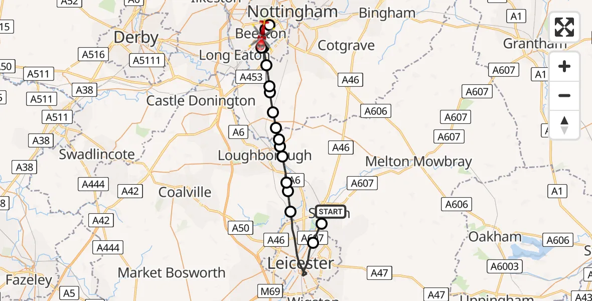 Flight path map showing Air Ambulance Helicopter route from Syston to Beeston