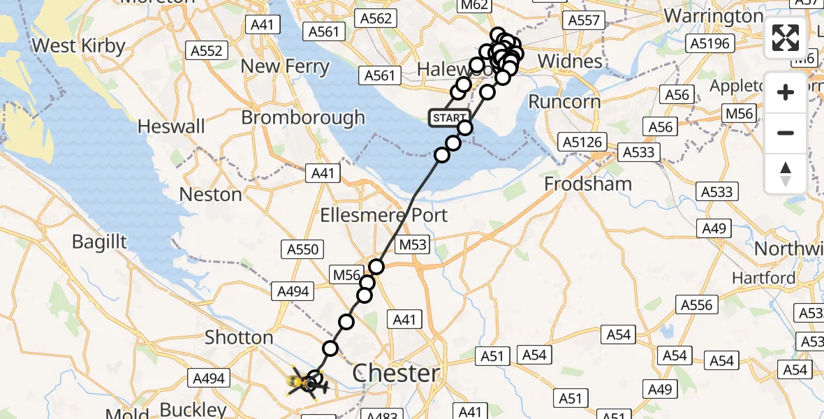 Flight path map showing Police Helicopter route from Liverpool John Lennon Airport to Hawarden Airport