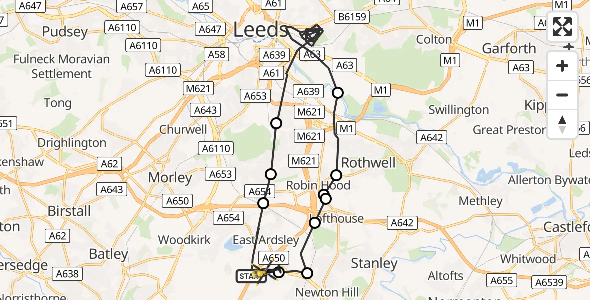 Flight path map showing Police Helicopter route from East Ardsley to East Ardsley