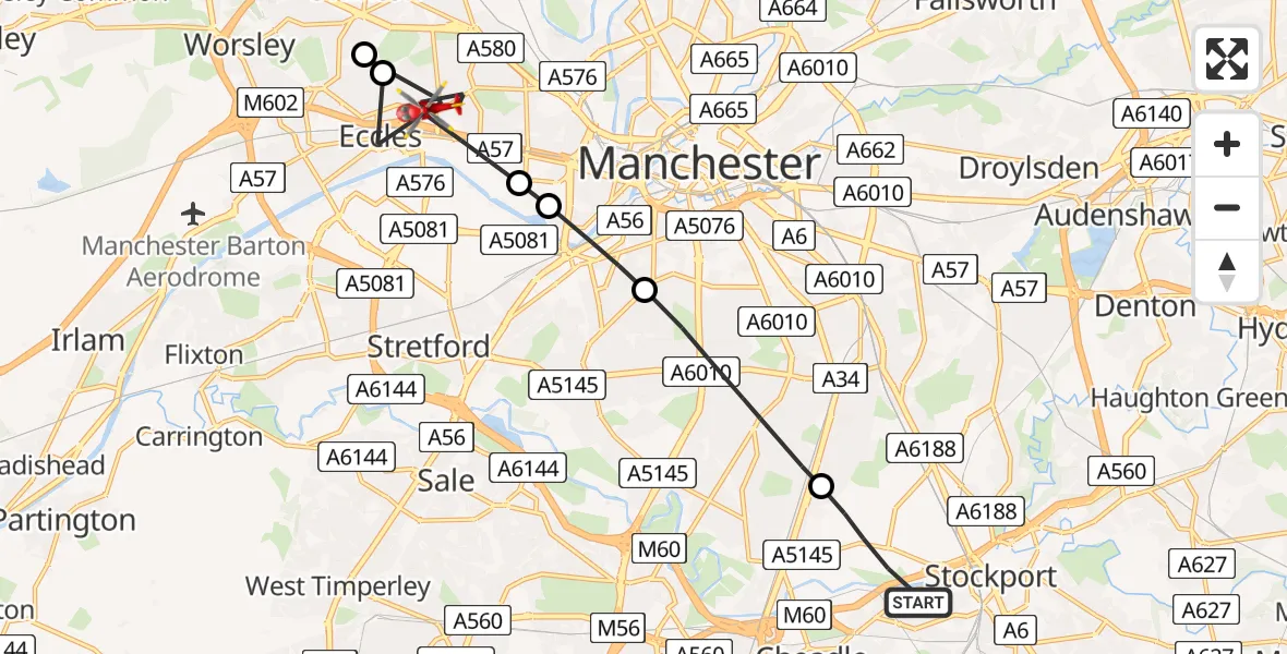 Flight path map showing Air Ambulance Helicopter route from Cheadle to Eccles