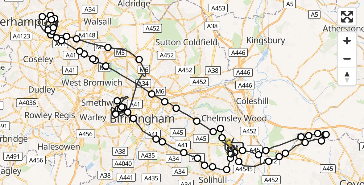 Flight route Police Helicopter Birmingham Airport - Birmingham Airport, 15 March 2026, 17:09