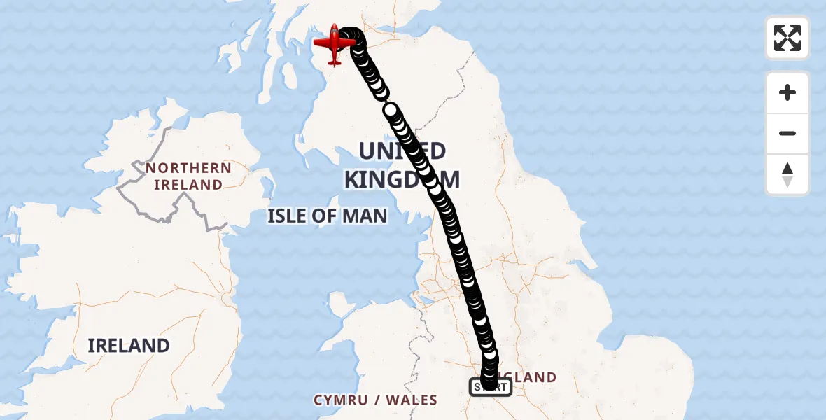 Flight path map showing Air Ambulance Aircraft route from Birmingham Airport to Glasgow Airport