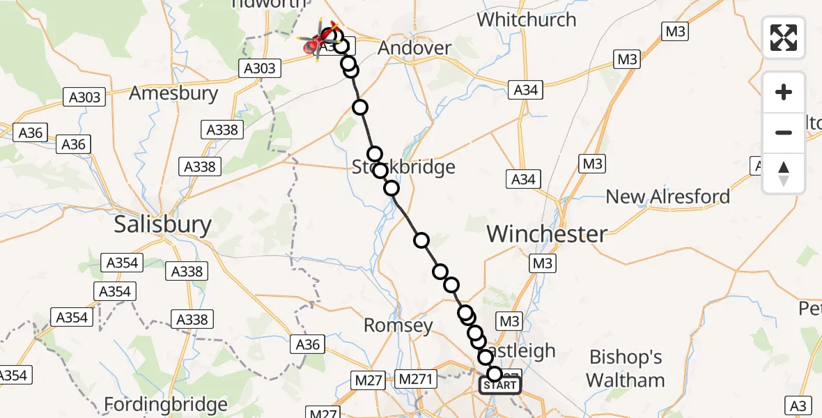 Flight path map showing Air Ambulance Helicopter route from Southampton to Kimpton
