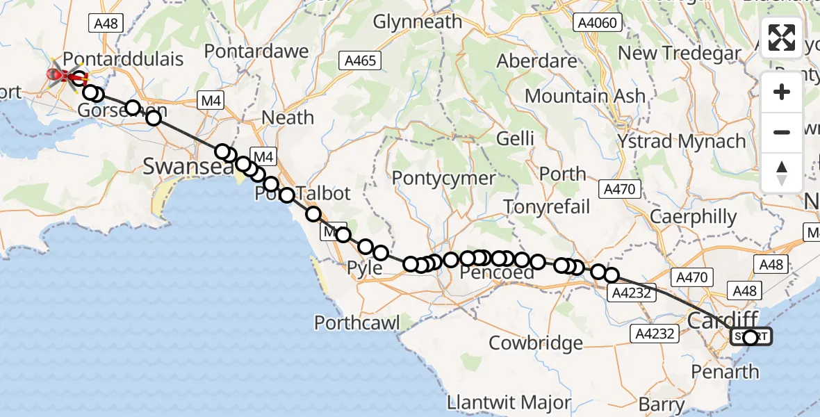 Flight path map showing Air Ambulance Helicopter route from Cardiff Heliport to Dafen