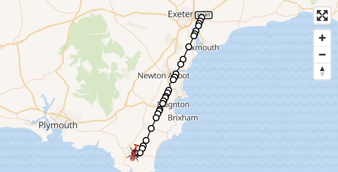 Flight path map showing Air Ambulance Helicopter route from East Devon to West Charleton