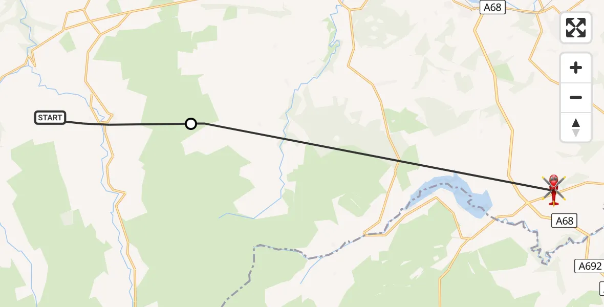 Flight path map showing Air Ambulance Helicopter route from Allendale to Shotley Low Quarter