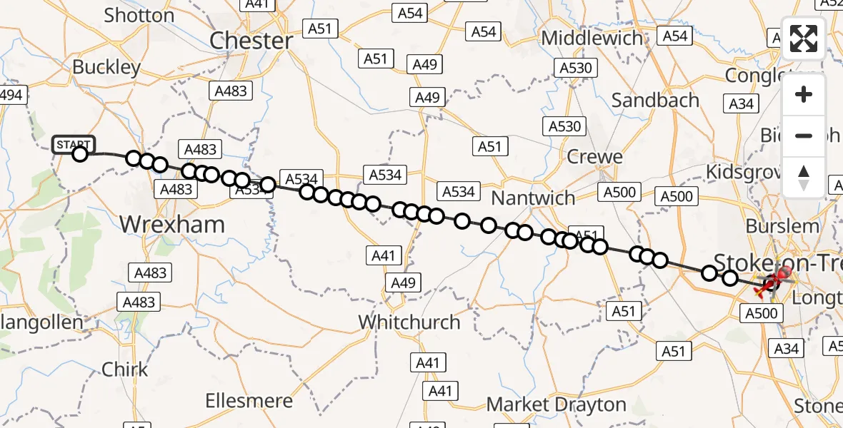 Flight path map showing Air Ambulance Helicopter route from Treuddyn to Stoke