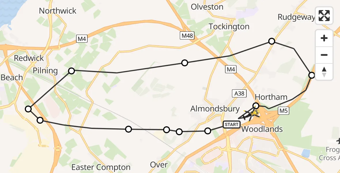 Flight path map showing Police Helicopter route from Almondsbury Helicopter Base to Almondsbury Helicopter Base
