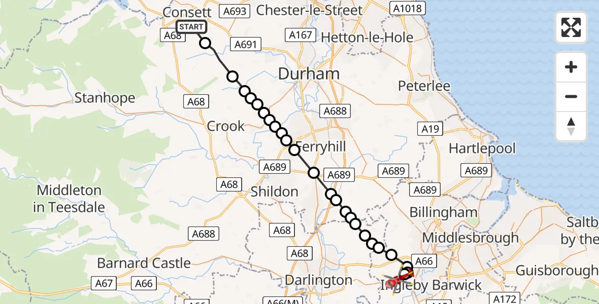 Flight path map showing Air Ambulance Helicopter route from Templetown to Egglescliffe