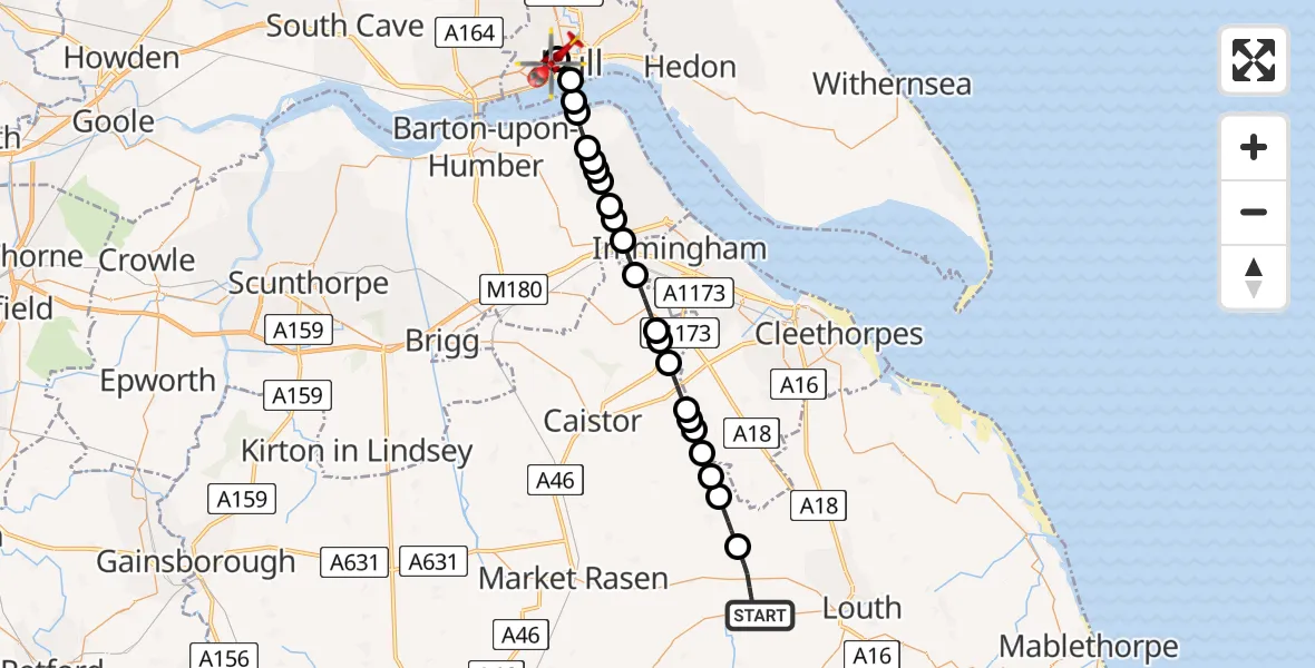 Flight path map showing Air Ambulance Helicopter route from East Lindsey to Hull Royal Infirmary