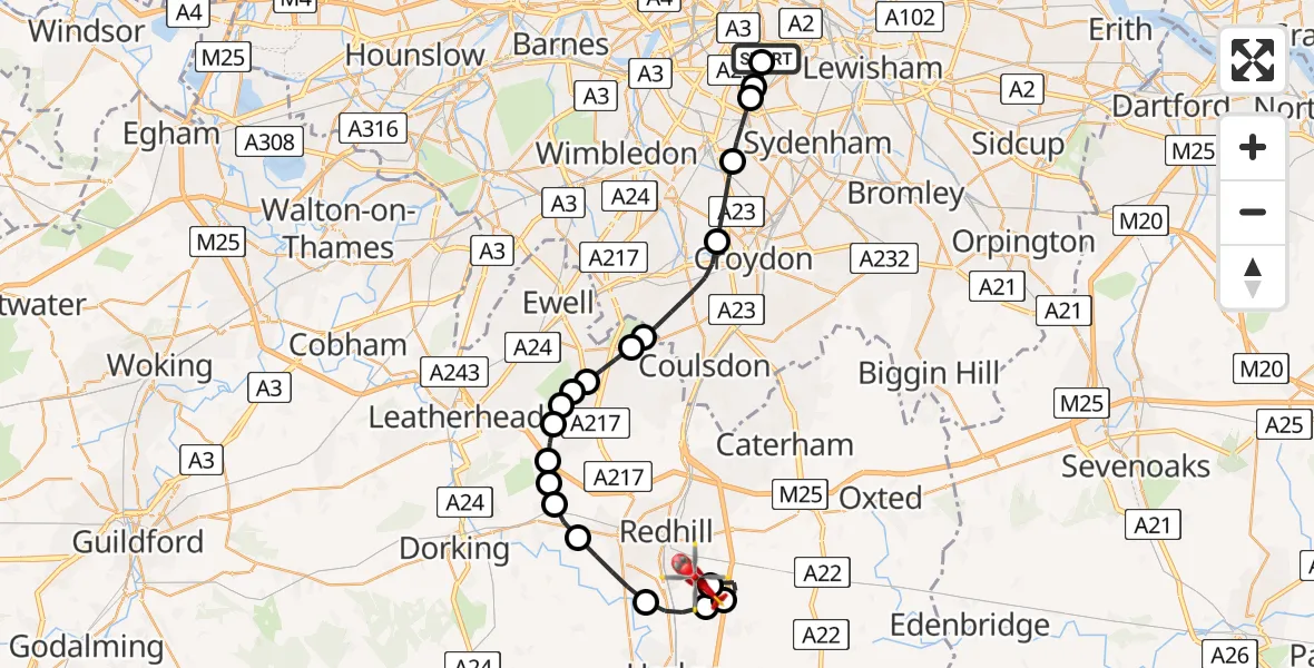 Flight path map showing Air Ambulance Helicopter route from Kings College London Hospital to Redhill Aerodrome