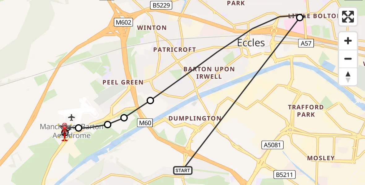 Flight path map showing Air Ambulance Helicopter route from Urmston to Irlam
