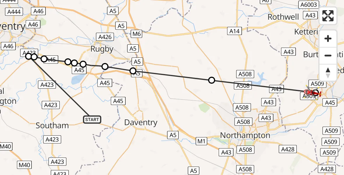 Flight path map showing Air Ambulance Helicopter route from Lower Shuckburgh to Wellingborough