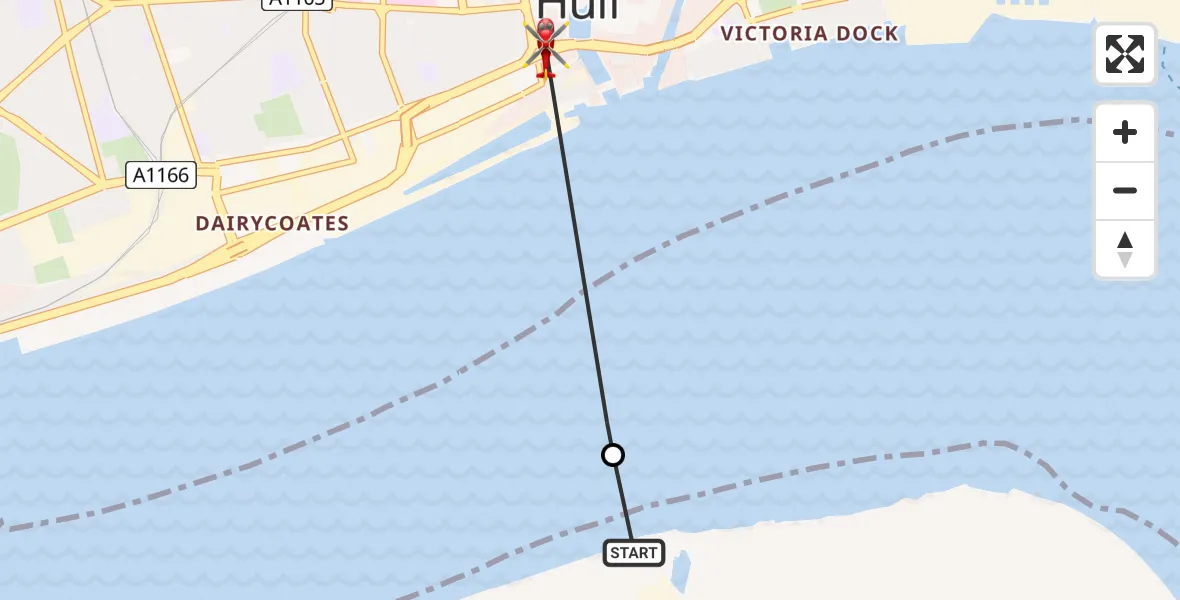 Flight path map showing Air Ambulance Helicopter route from Goxhill to Hull