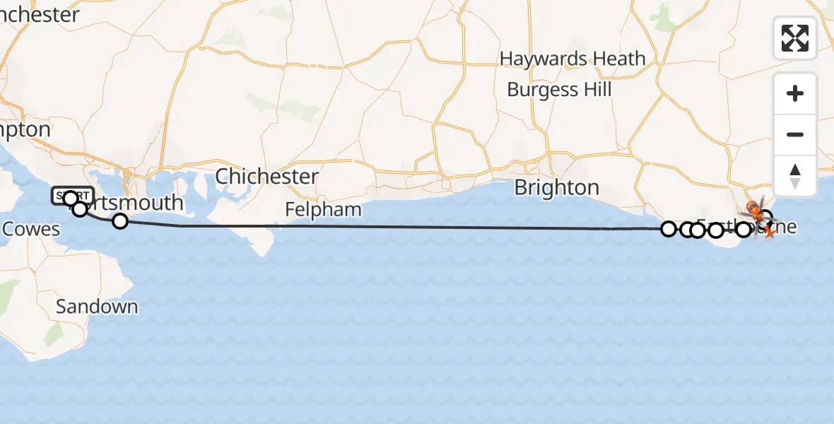 Flight path map showing Coastguard Helicopter route from Solent Airport to Eastbourne
