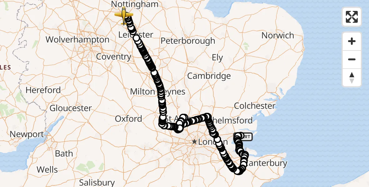 Flight path map showing Police Aircraft route from London Southend Airport to East Midlands Airport