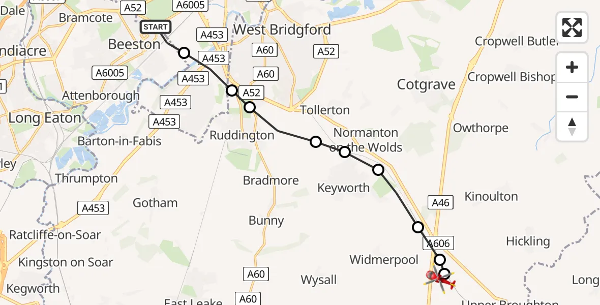 Flight path map showing Air Ambulance Helicopter route from Beeston to Nottingham Heliport