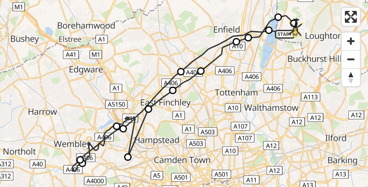 Flight path map showing Police Helicopter route from Greater London to Sewardstonebury
