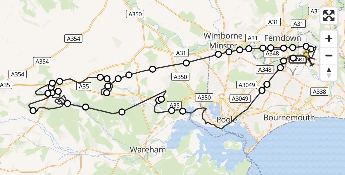 Flight path map showing Police Helicopter route from Parley Cross to Bournemouth Airport