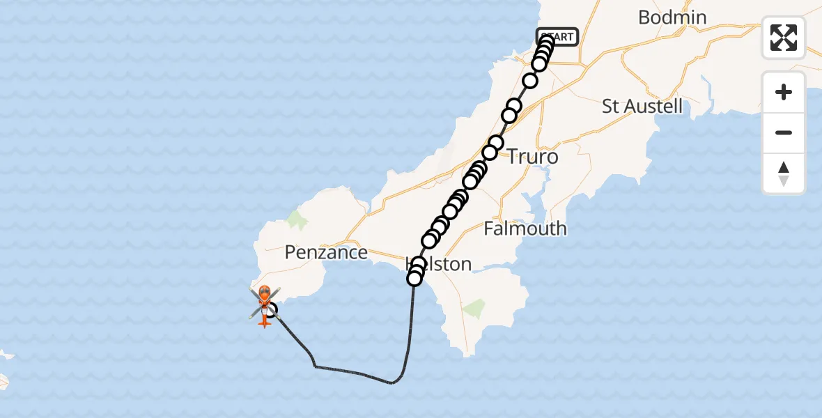 Flight path map showing Coastguard Helicopter route from Cornwall Airport Newquay to Porthcurno